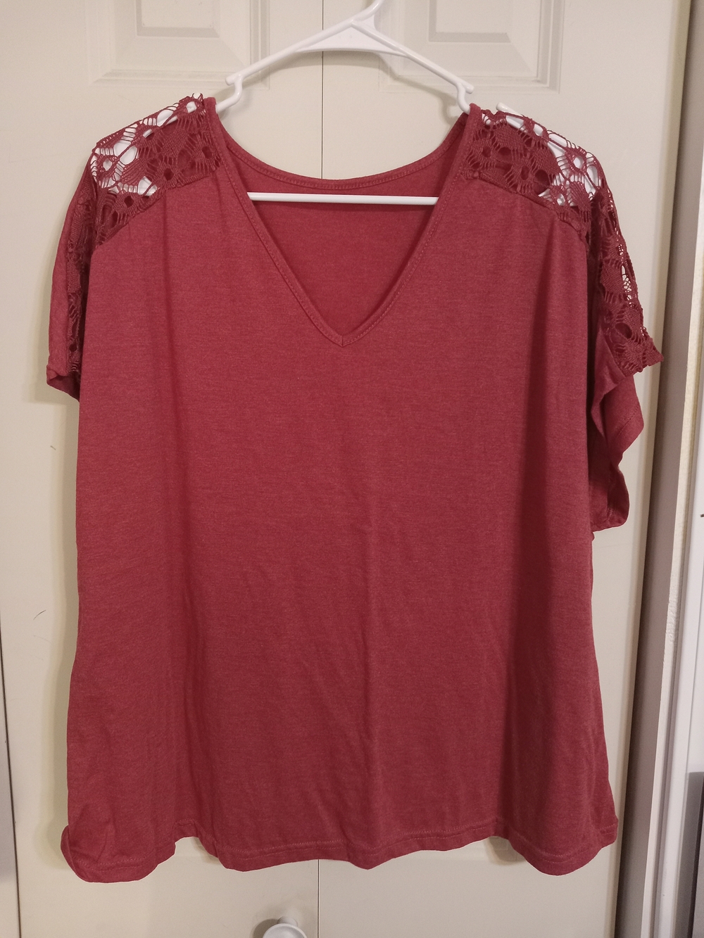 SHEIN Crochet Shoulder V-Neck Tee - Rose